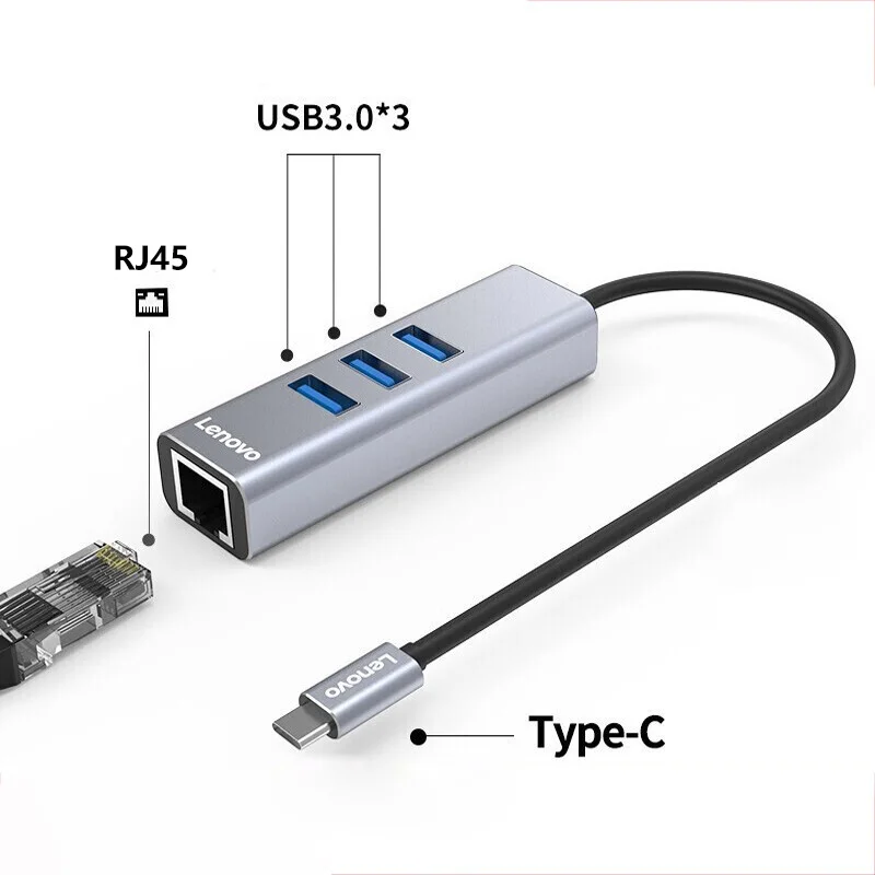 Lenovo-محول HUB USB 3.0 من النوع C إلى RJ45 ، موسع ألومنيوم ، 3 منافذ ، لأجهزة الكمبيوتر المحمولة وأجهزة Macbook