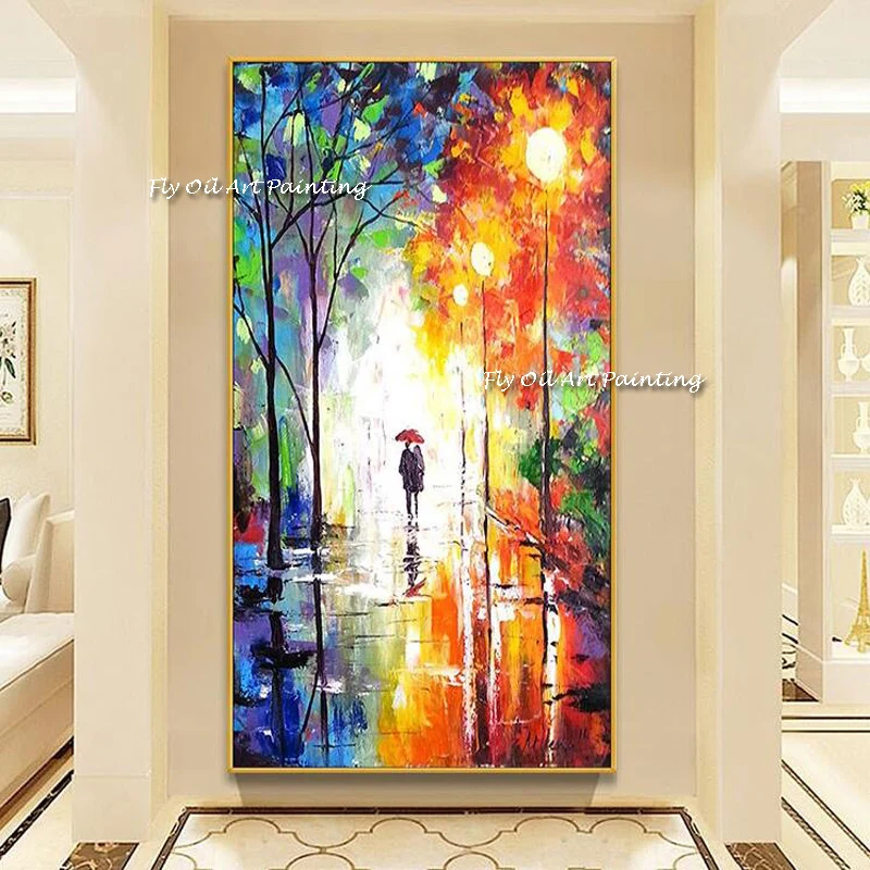 

Knife Landscape Painting City Street Tree Canvas Abstract Wall Art 100% Handmade Oil Painting Pictures Home Wall Decor