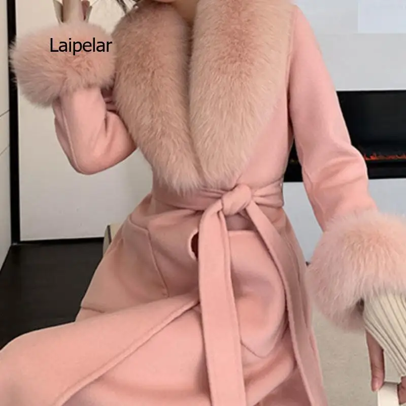 Woolen Coat Women Natural Fox Fur Collar Long Coat Cashmere Wool Blend Women Streetwear 2021