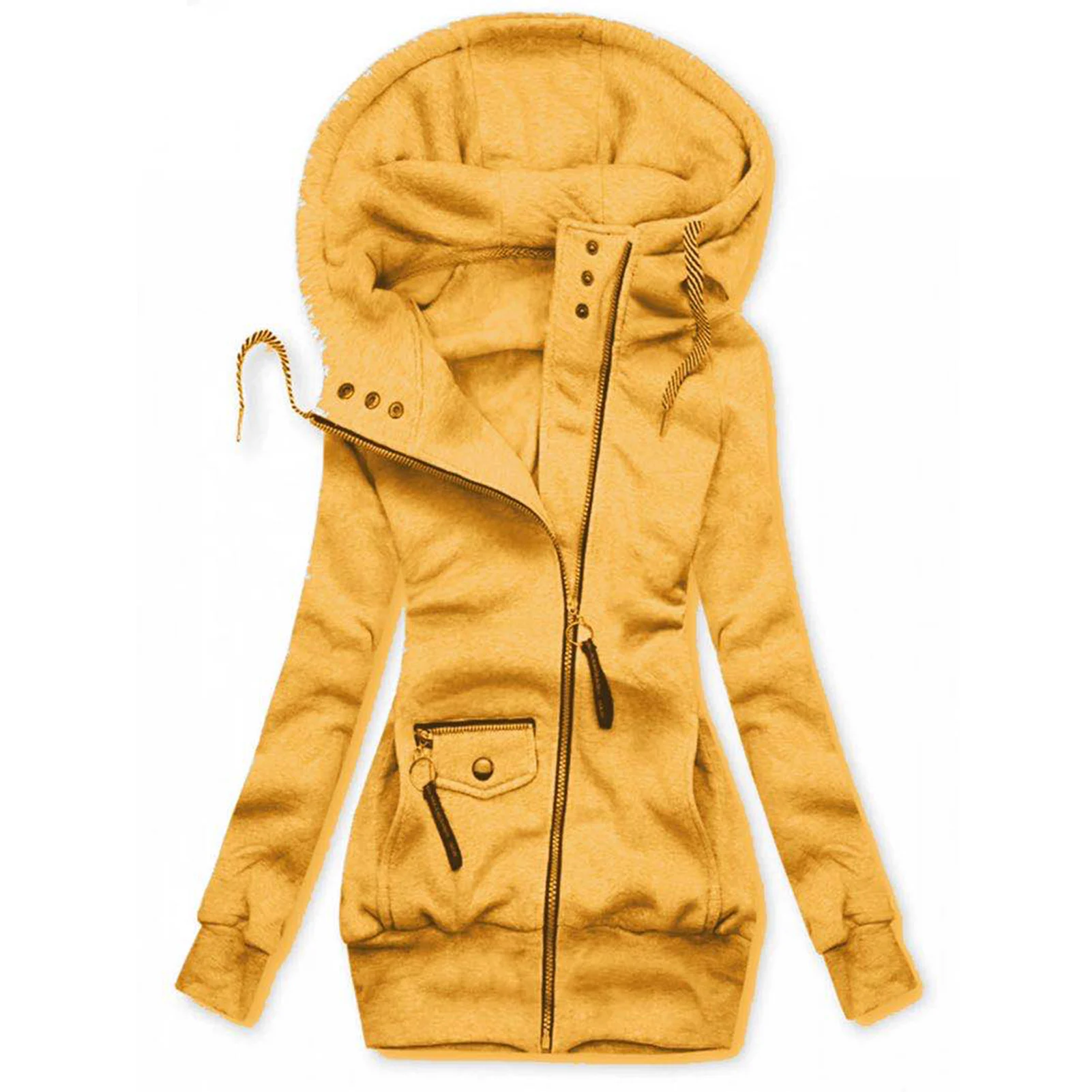 Women Fashion Long Sleeve Drawstring Hooded Slim Jacket Coat Zipper Outerwear