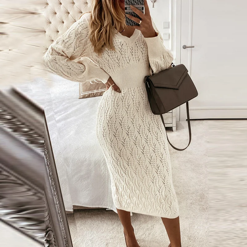 

Fashion Urban Beauty Elegant Street Sweater Dress 2024 Knitted Long Sleeve Warm Bandage Pullover Middle Waist Women Maxi Dresses