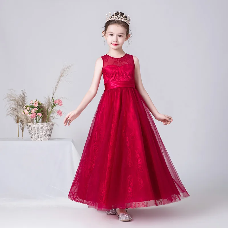 Kids Long Formal Princess Dress Pageant Gowns Burgundy Elegant Lace Flower Girl Dresses For Wedding Birthday Party Bowtie