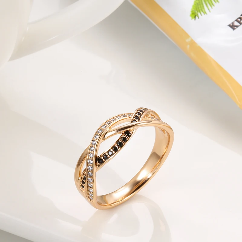 Luxury 18k Rose Gold Natural Black Diamond Ring Geometric Line Cross Wedding Diamond Rings for Women Vintage Fashion Jewelry
