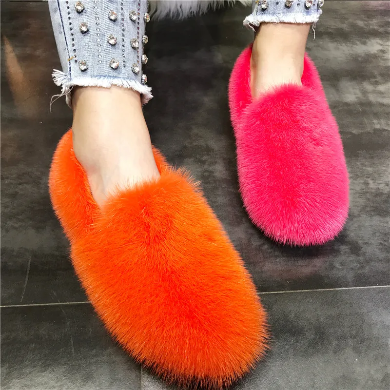 2024 New Real Mink Fur Women Flats Moccasins Winter Warm Shoes Outside Loafers Espadrilles Ladies Thick Sole Flat Fur Shoes