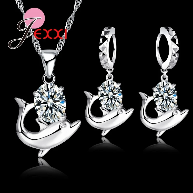 Fashion 925 Sterling Silver Dolphin Pendant Jewelry Sets Earrings Necklaces For Women Girls Birthday Party Jewelry