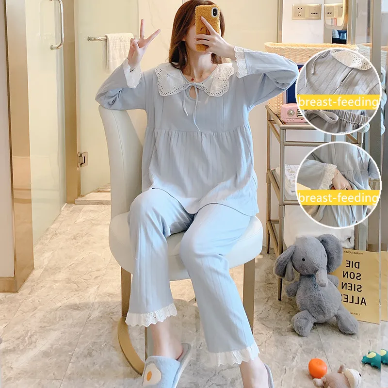 

Пижамы для беременных и кормящих женщин с кружевом для беременных, хлопковые пижамы, весенняя ночная рубашка, корейская мода, милая одежда