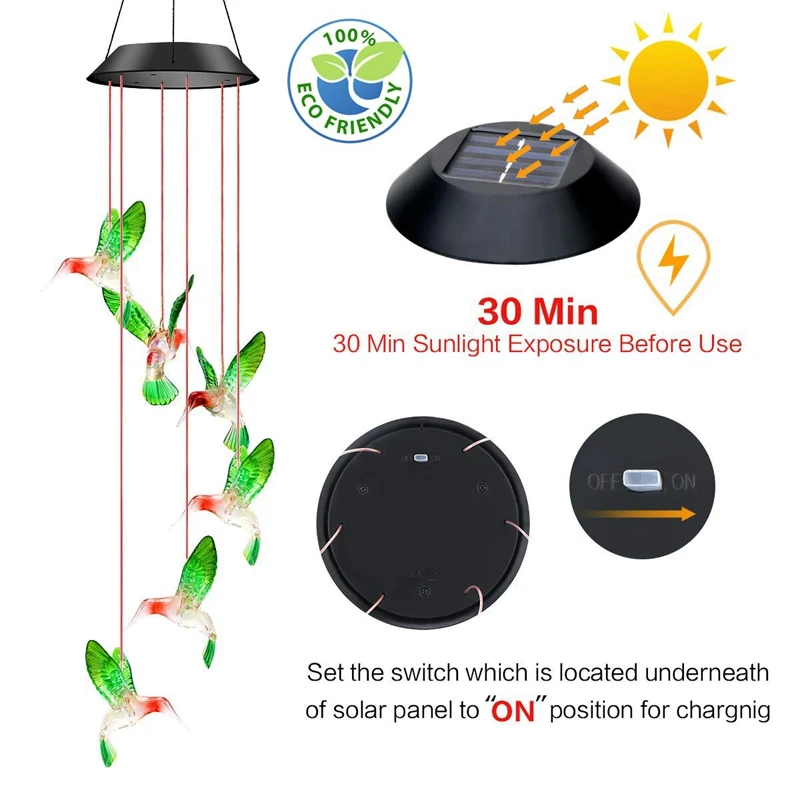 LED Solar dzwonek wietrzny Crystal Ball Hummingbird dzwonek wietrzny zmiana koloru światła wodoodporna wisząca lampa słoneczna do domu ogród