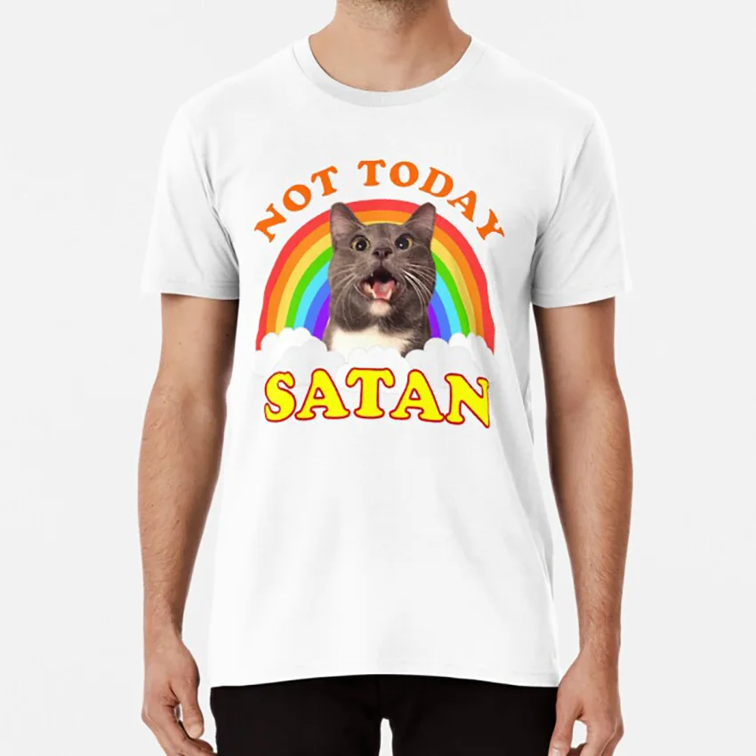 Not Today Satan! - Roger The Cat , Death Metal Rainbow Smiles T Shirt Not Today Satan Devil Lucifer Jesus Meme Hero Gray