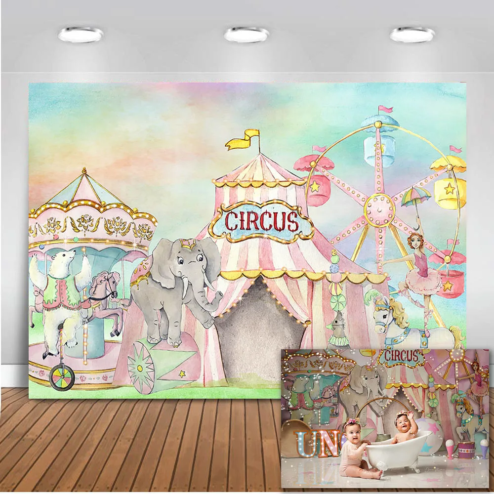 

Circus amusement park elephant newborn baby shower backdrop for photography happy birthday watercolor photo background studio
