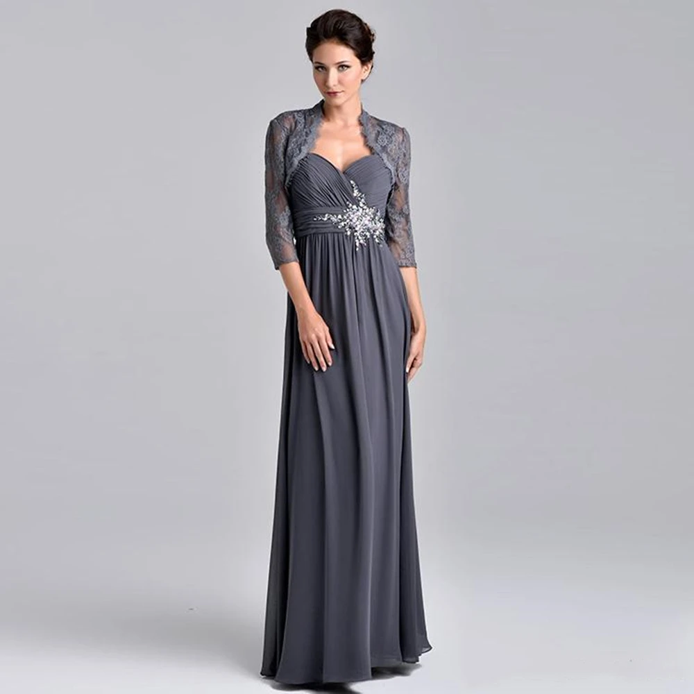 Grey Chiffon Mother's Dresses Beaded Applique Lace Evening Dresses With Lace Jacket Cheap Mother Of The Bride Dresses