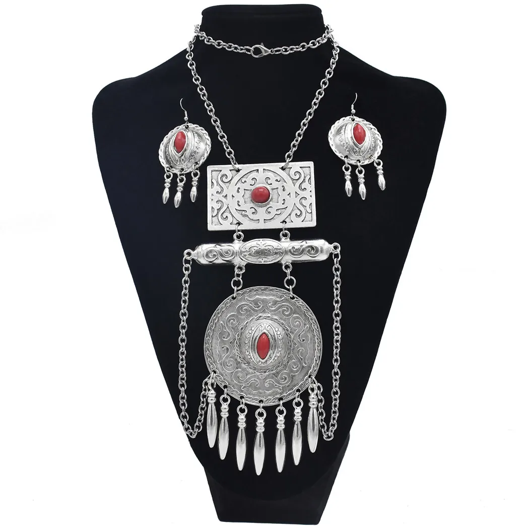 Afghan Jewelry Sets for Bohemian Tibetan Silver Color Metal Red Blue Stone Necklace Bracelet Earring Sets Indian Turkish Tribal