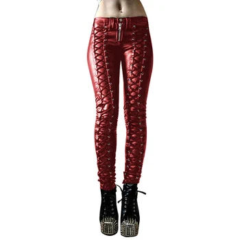 High Waist Steampunk Faux Leather Pants 2 Steampunk Women Faux Leather Cosplay Pants Carnival Party Skinny Button Trousers Workout Leggings High Waist 2020 New Girl Pants 2