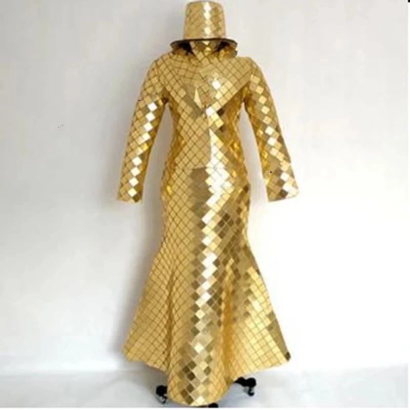 

Gold mirror face dress suit men women costume reflective bar show GOGO stage mirror clothing future Space wedding costume