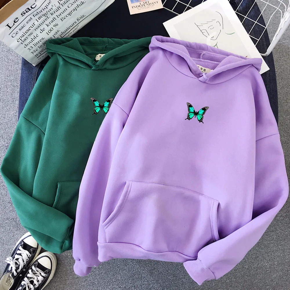 Women Sweatshirts Harajuku Butterfly Print Hooded Aesthetic Hoodie Spring  Streetwear Winter Oversized butterfly purple Hoodies