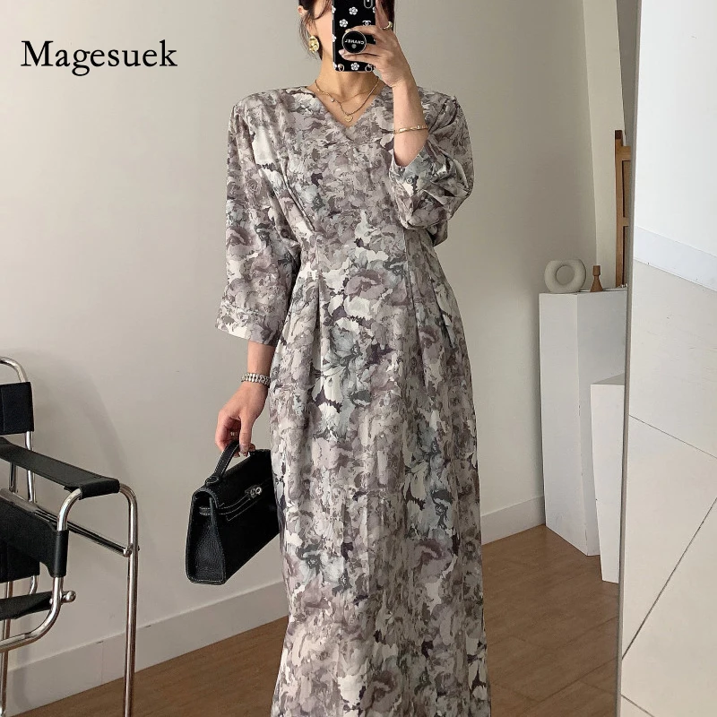 

elegant dresses for women Korean Ink Painting Floral Vintage Dress New V-neck Long Sleeve Slim Dress Summer Long Dress 13286