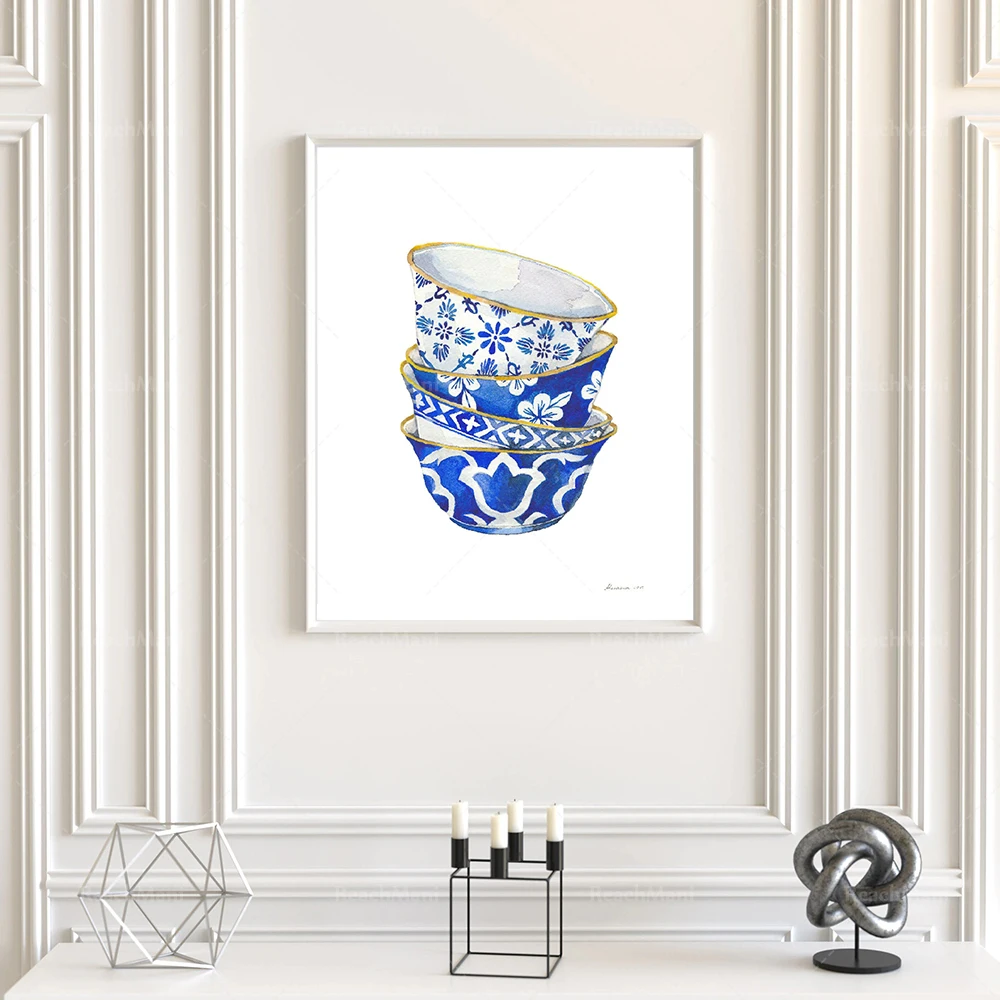 

Chinese style print blue and white porcelain bowl print watercolor Chinese style art Chinese bowl Asian decoration kitchen art w