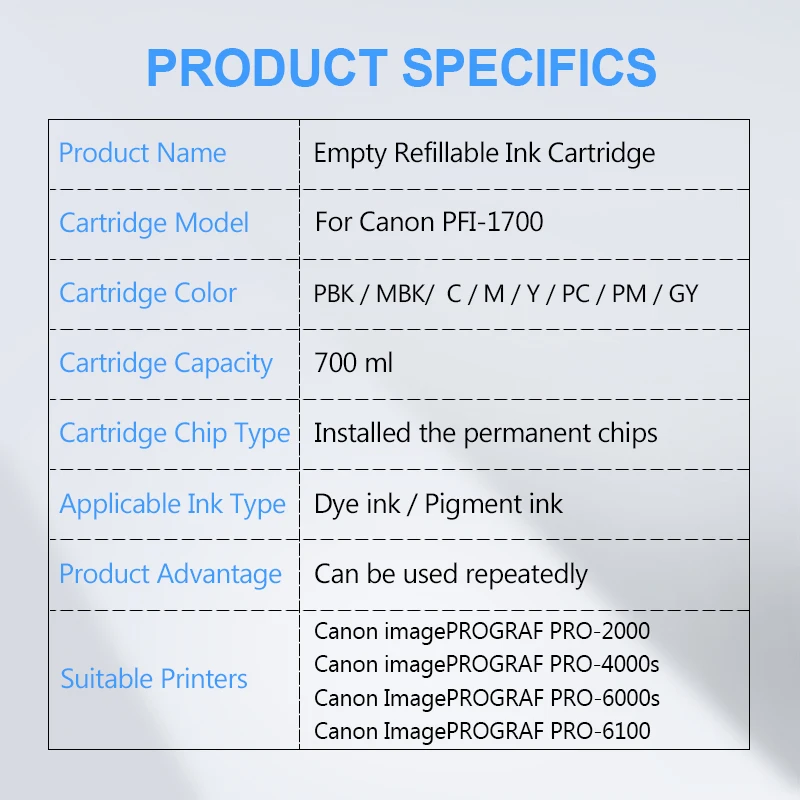 Imagem -06 - Cartucho de Tinta Recarregável Strass Pfi1700 Cores Conjunto Chip Permanente para Canon Pro2000