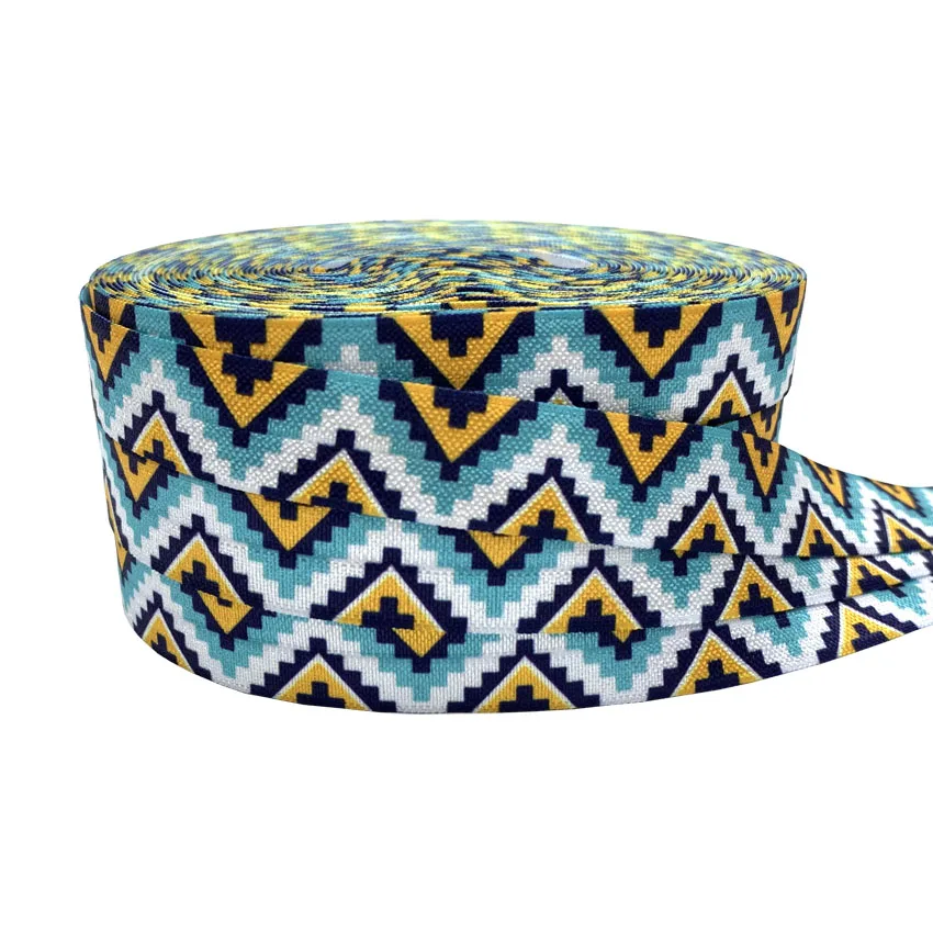 16mm Colorful Geometry Printed Aztec Fold over Elastic Band Sewing Tape Handmade Crafts Accessories DIY Baby Headband Hair Ties