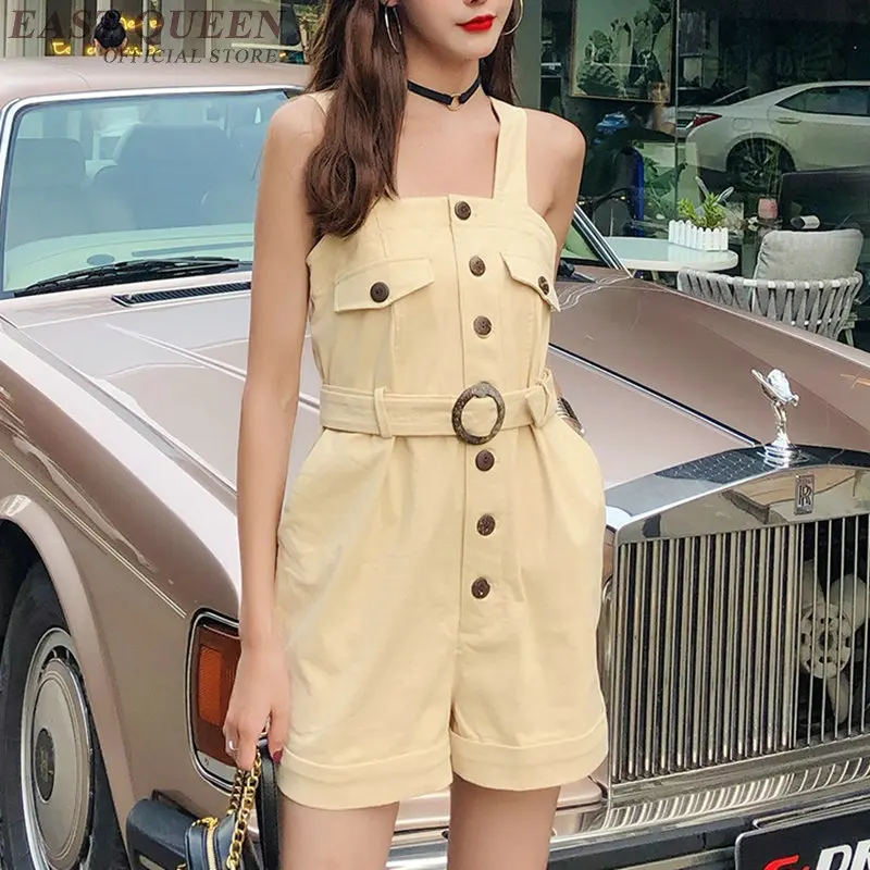 Wanita Dungarees Celana Pendek Musim Panas Jumpsuit Tombol Belt Overall Playsuits Saku Baju Wanita 2019 Celana Kodok untuk Wanita DD2313