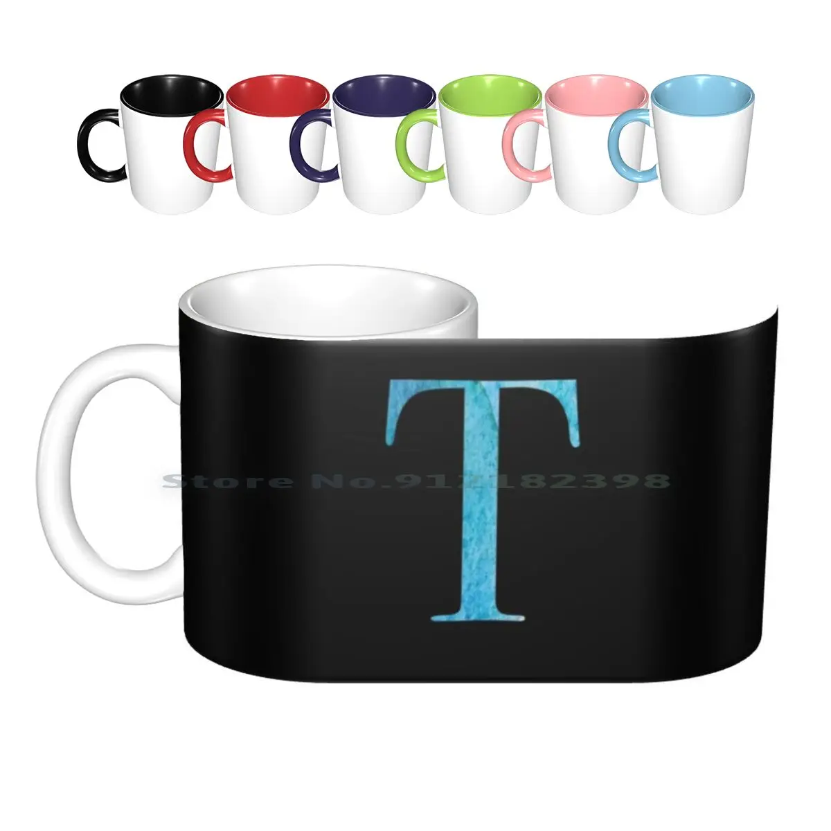 Letter T-Blue Watercolor Design Ceramic Mugs Coffee Cups Milk Tea Mug Beautiful Wall Texture Watercolour Creative Special Cool