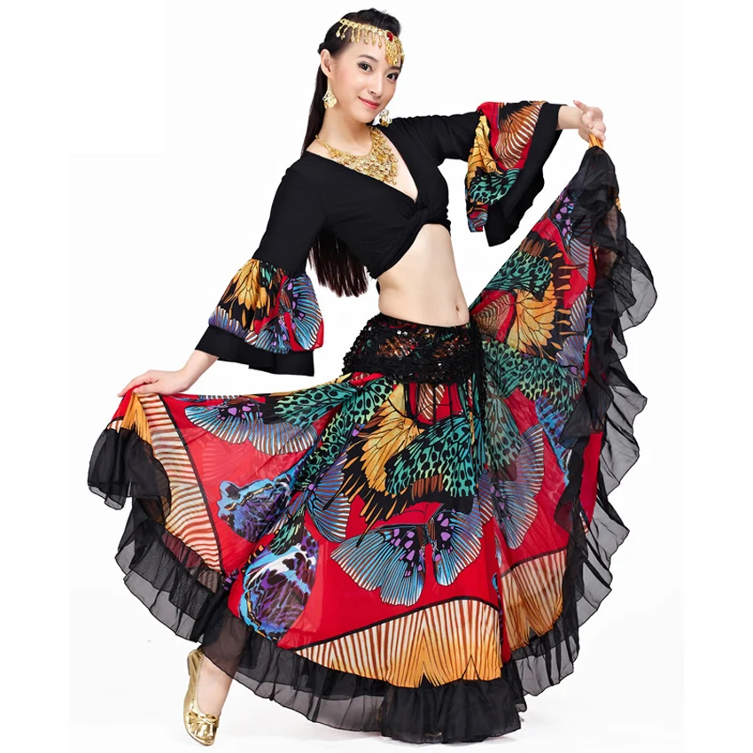 720 Degrees Dancing Costumes Luxury Butterfly Print Women Belly Dance Skirt Lace Bohemian Gypsy Female Spanish Flamenco Skirt