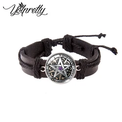 Occult Wiccan Pentagram Lace-up Leather Bracelet Glass Cabochon Charm Pendants Jewelry for men