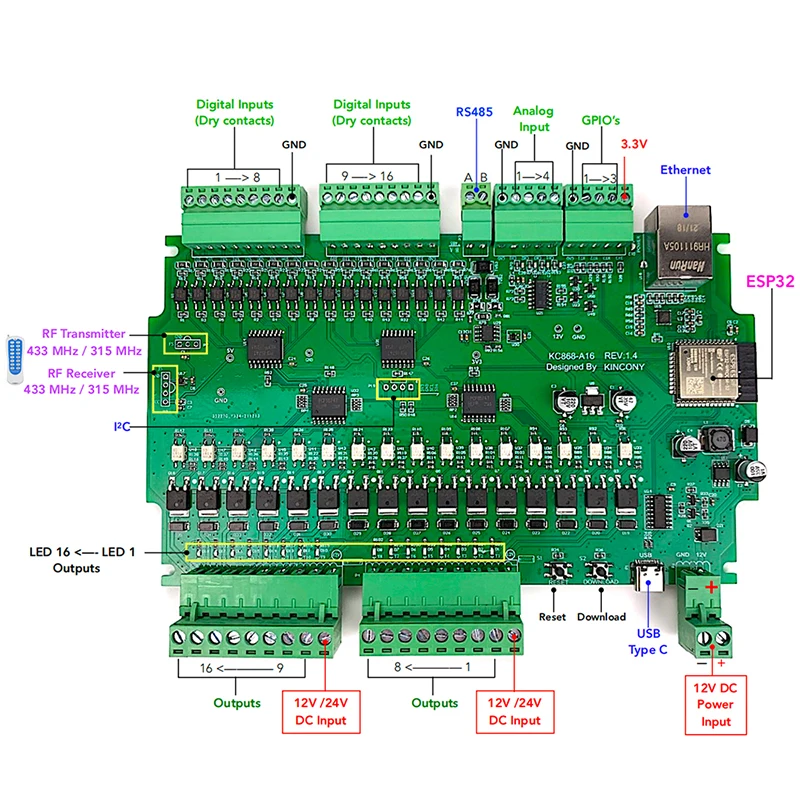 KC868-A16 rede de relé ethernet esp32 placa desenvolvimento wi fi switch mqtt tcp web http esphome assistente casa tasmota módulo diy