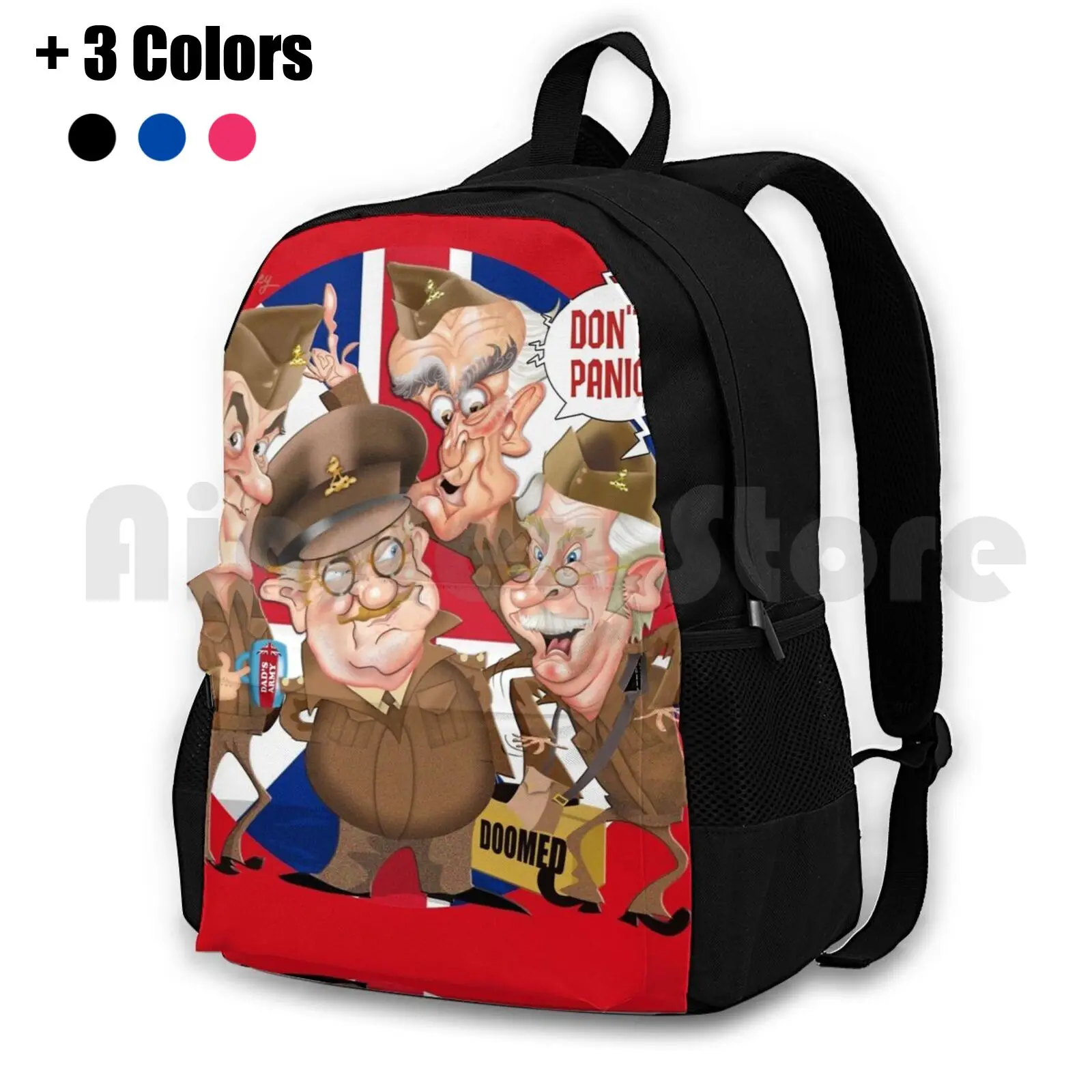 Dad's Army Cartoon Outdoor Hiking Backpack Waterproof Camping Travel Dads Army Nostalgia Uk Great Britain Sitcom Fun Artwork