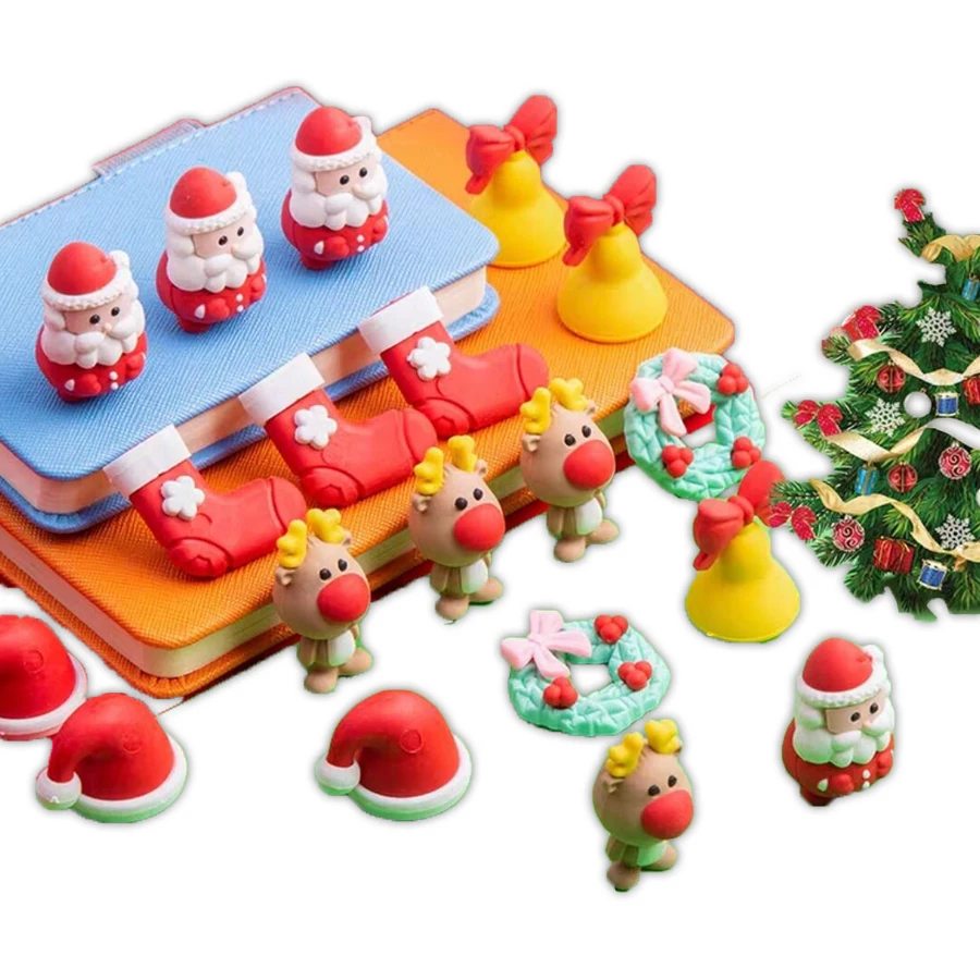 Happy New Year 2020 Christmas Santa Claus Bringing Stocking Stationery with Kawaii Deer Shaped Eraser for New Year Gifts 2 Boxes