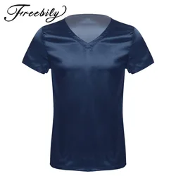 Mens Short Sleeve Satin Pajamas Tops Homewear Casual Comfortable Loungewear Sleepwear Nightwear