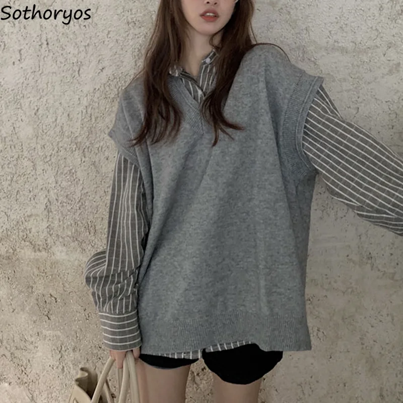 Women Sweater Vests Solid V-neck Bf Style Ulzzang Teens Side-slit Trendy Loose Leisure Chic Jumpers Knitted College LeisureIns