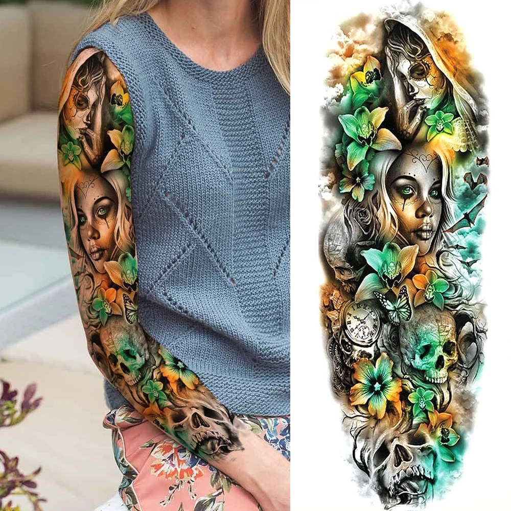 Sexy Flower Temporary Tattoos Sleeve For Women Girls Covers Up Long Size Tattoos Realistic Full Arm Skull Rose Nus Tatoo Drawing