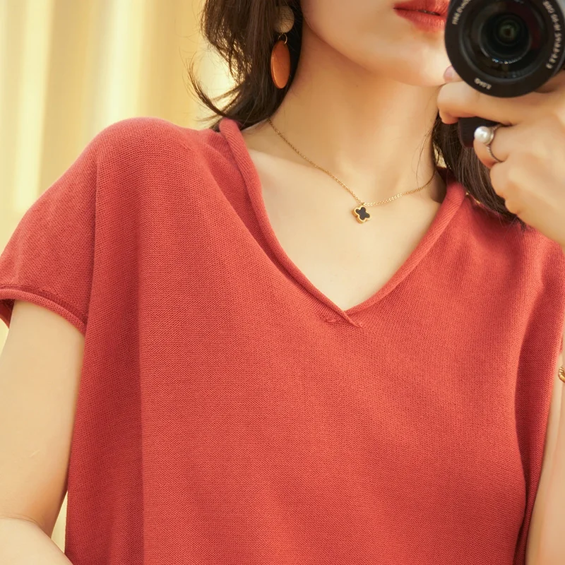 2021 V-neck pullover sweater women cotton Korean version is thin short-sleeved all-match summer T-shirt thin NS4780