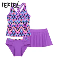 Kids Girls Child Swimsuit Beachwear Outfits V Neck Sleeveless Top with Briefs and Skirt Set Beach Bikini Swimwear Bathing Suits