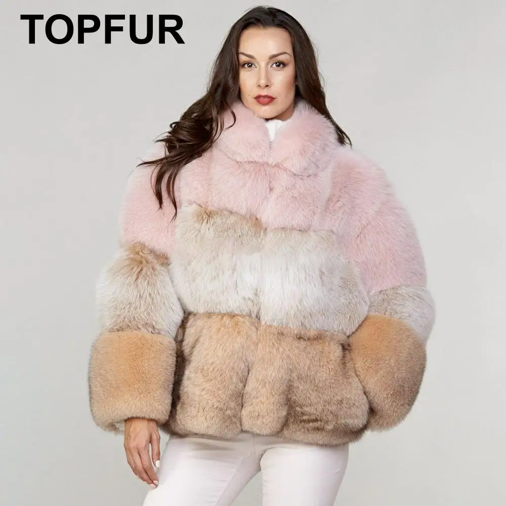 

TOPFUR Fashion Colourful Coats Winter Real Fur Coat Women Natural Fox Fur Coats Bule Fox Fur Pink V-Neck Full Sleeves Coats