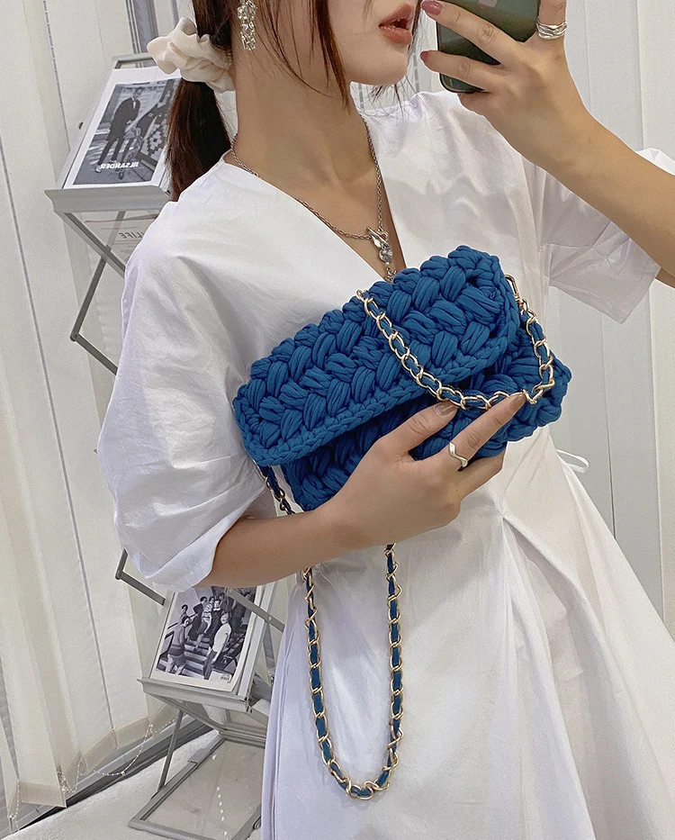 Hand Woven Bags for Women Strip Thread Hook Knitted Women\'s Shoulder/Crossbody Bag Clutch Bag 2024 Winter Female Messenger Bags