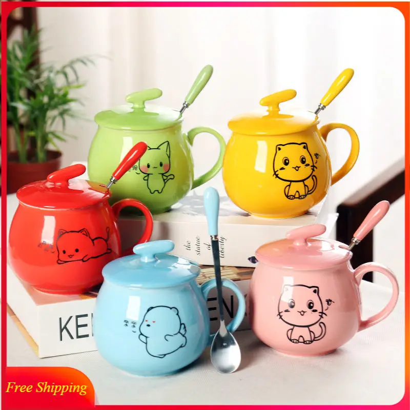 Mug Breakfast Cup Ceramic Drinking Cup with Lid Spoon Couple Cup Children's Milk Cup Coffee Home Men Women Cut Green Pink Mug