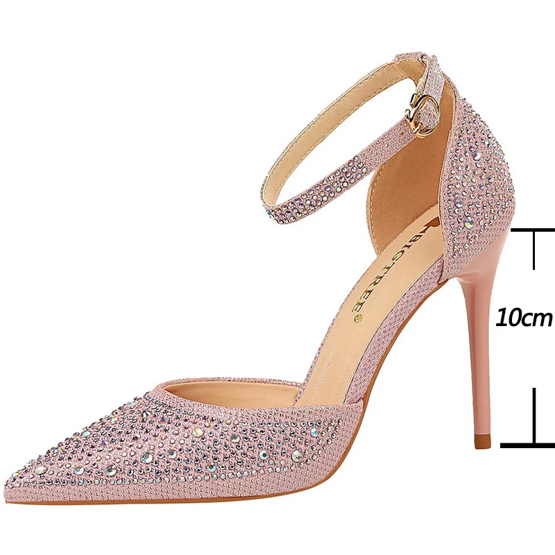 BIGTREE Shoes Shiny Rhinestones High Heels Ladies Shoes Women Pumps Stiletto Sweet Women Heels Wedding Shoes Women Sandals 10 Cm