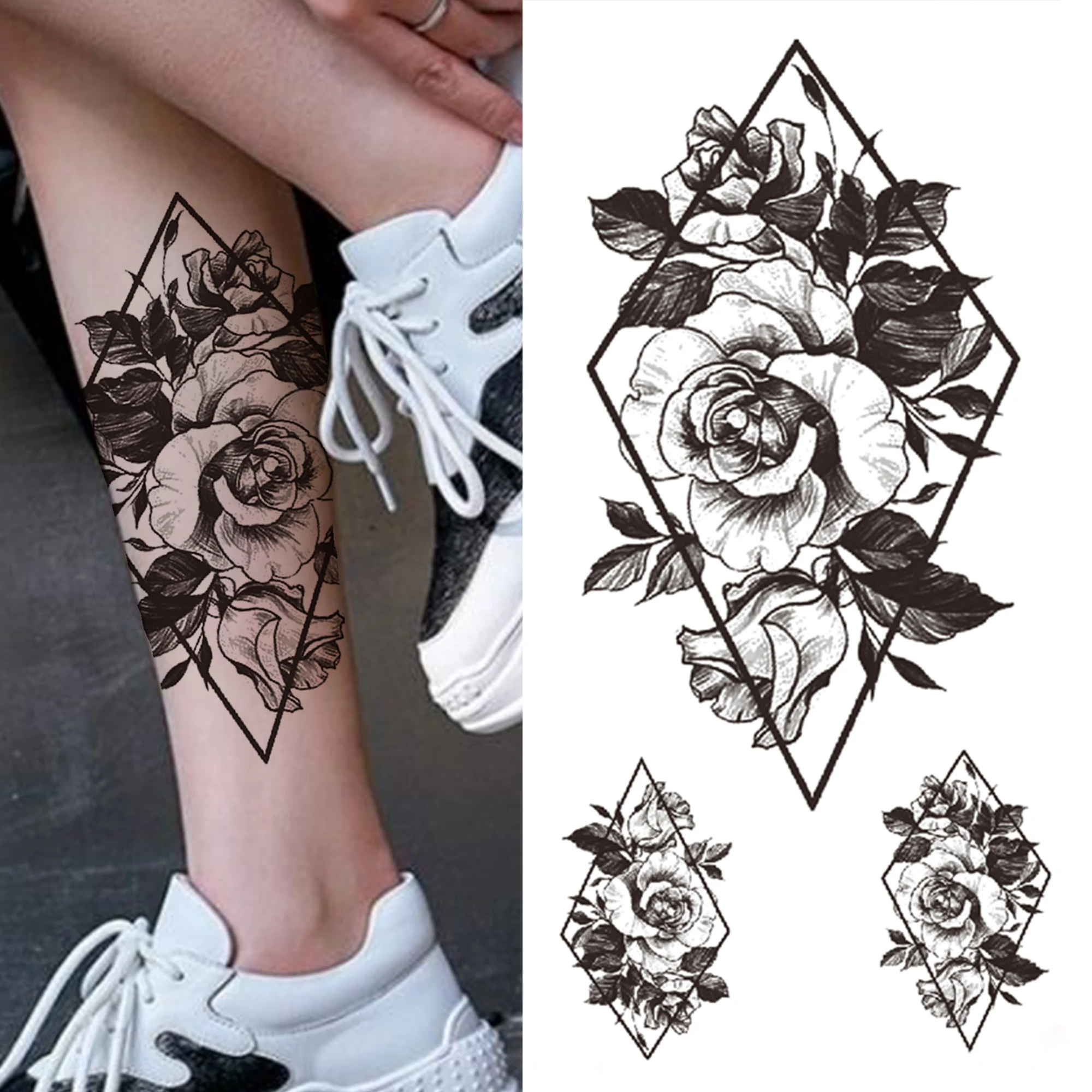 Black 3D Rose Temporary Tattoo For Women Girls Adult Peony Dahlia Flower Tattoos Sticker Black Flora Glory Geometric Arm Tatoos