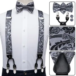 Hi-Tie-seda clásica para hombre, conjunto de tirantes y pajarita con estampado Floral dorado, de cuero y Metal, 6 Clips