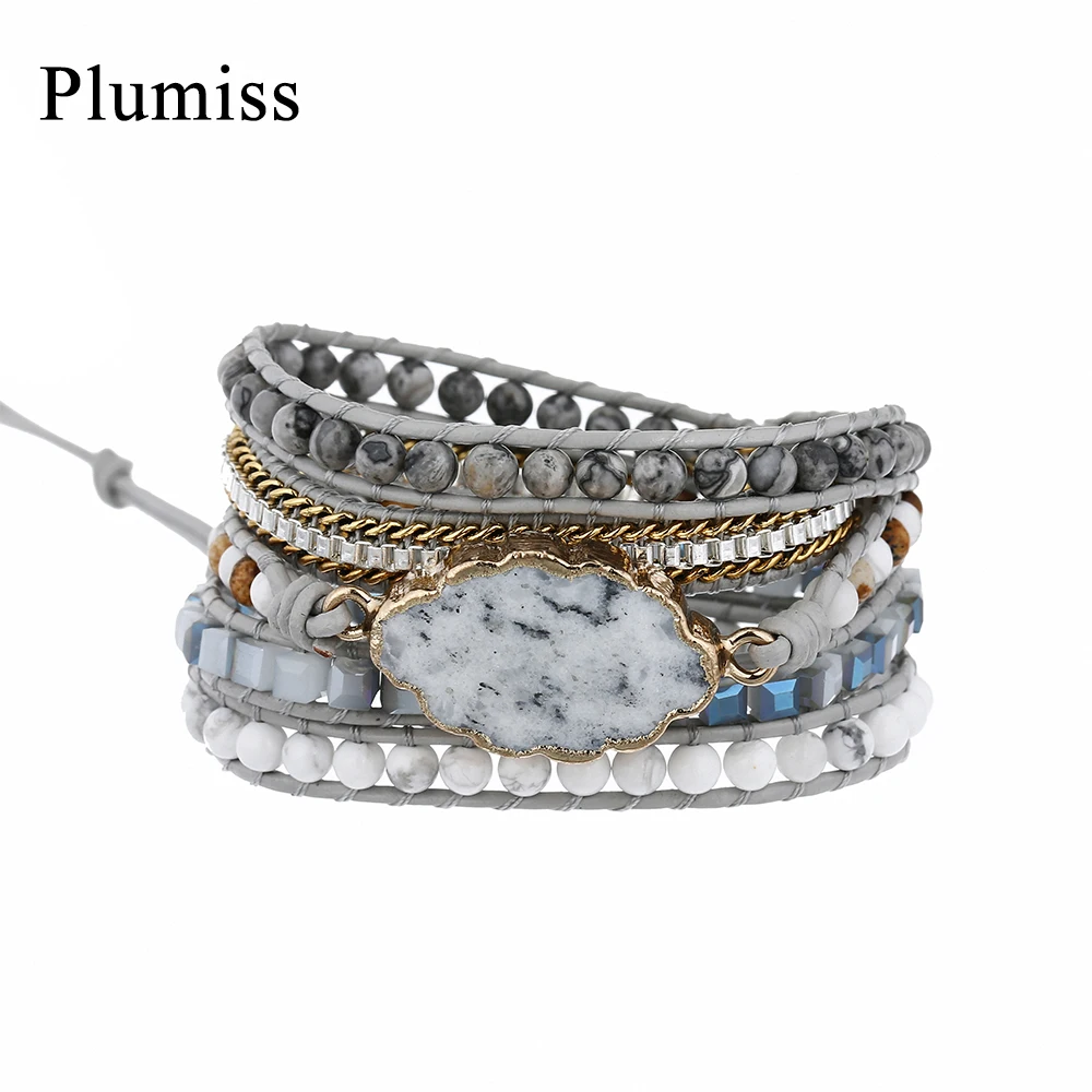 Plumiss Dalmatian Jaspers Wrap Bracelets Stainless Steel Chains Offwhite Gray Natural Stones Boho Bracelet for Women Jewelry