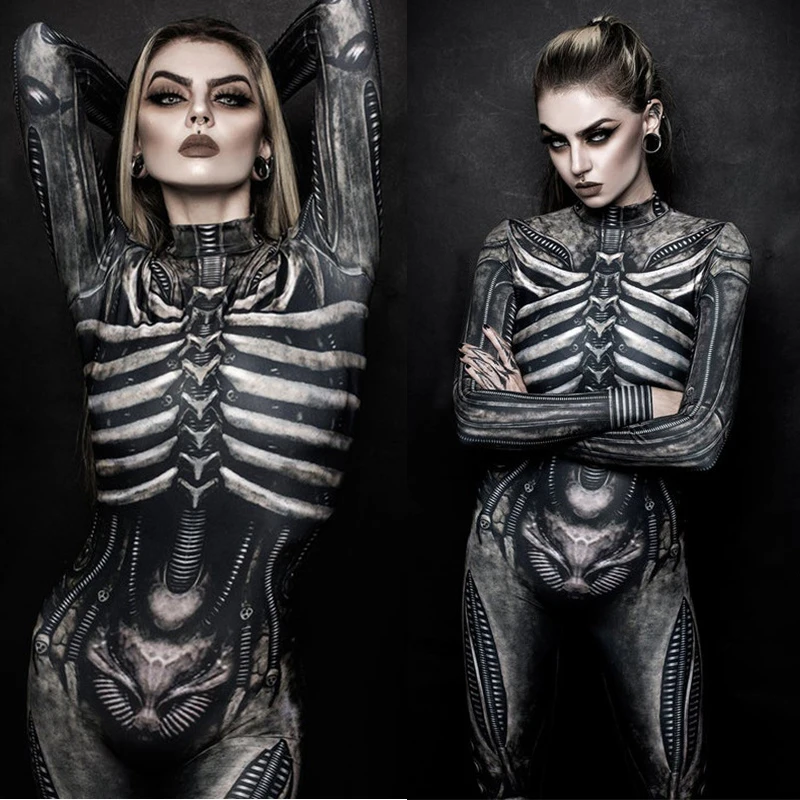 Skeleton Jumpsuit เครื่องแต่งกายฮาโลวีน Slim Humen Body Zentai Skull ชุดคอสเพลย์ Ghost แน่นชุด Carnival Party 2021ใหม่