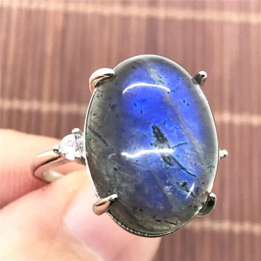 Top Natural Labradorite Ring Jewelry Beads Moonstone Crystal Women Man 18x13mm Luck Healing Silver Adjustable Ring AAAAA…