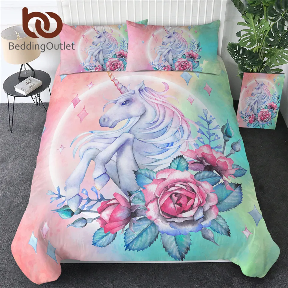 

BeddingOutlet Unicorn Bedding Set Cartoon for Kids Rose Duvet Cover Girly Twin Bed Set Pink Blue Bed Cover Floral Home Textiles