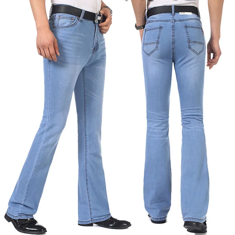Retro Men's Jeans Trousers Mid Waist Elastic Slim Elegant Boot Cut Semi-Flared Bell Bottom Blue Denim Pants 26-38