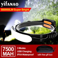 7500mAH 220° 800000LM Headlamp Portable Mini COB LED Headlight With Built-in Battery Flashlight USB Rechargeable Head Lamp Torch