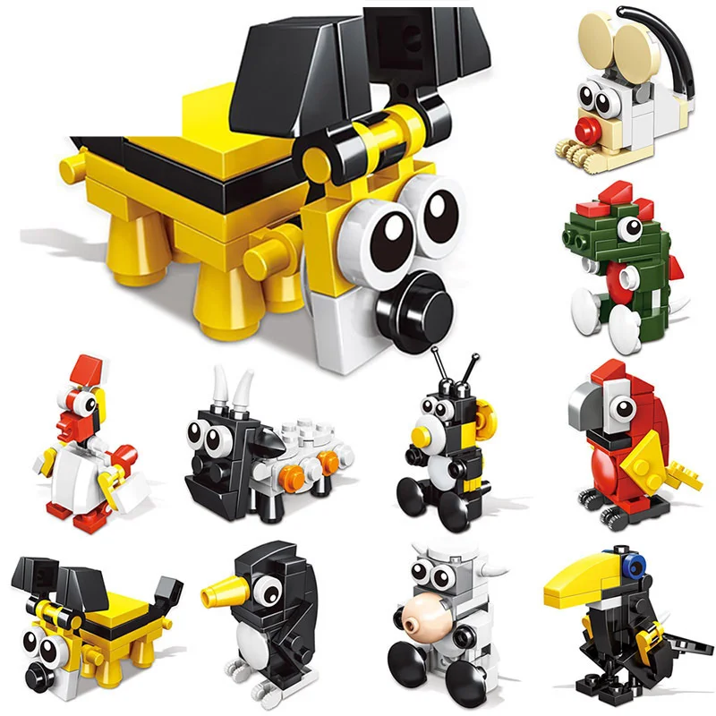 10PCS Cartoon Small Particle Building Blocks Splicing Compatible Assembly Penguin Dog Crow Rooster Cow Animal Model Toy