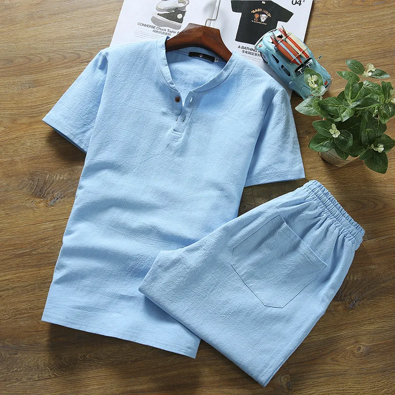 Linen Short-sleeved T-shirt + Shorts 2Pcs Men Cotton Linen Causal Suit For Male Summer Spring Autumn