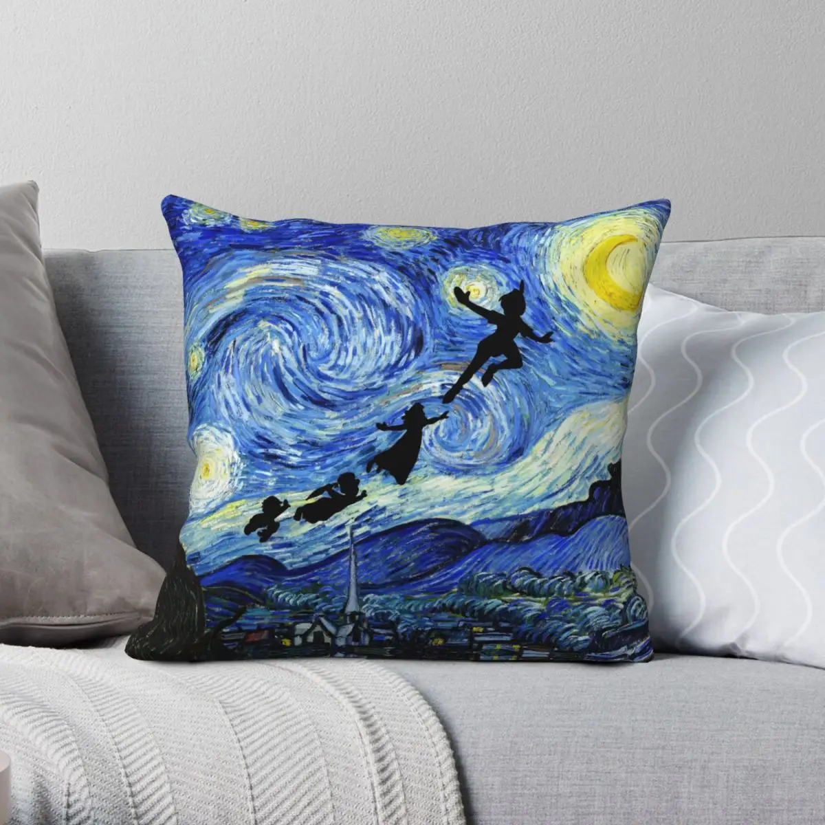 Peter Pan Starry Night Square Pillowcase Polyester Linen Velvet Creative Zip Decor Throw Pillow Case Sofa Seater Cushion Cover