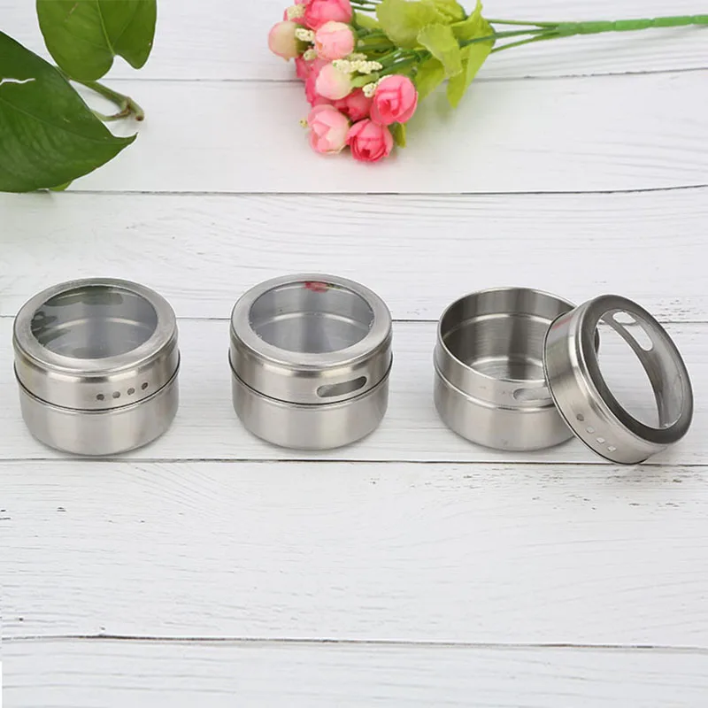 Magnetic Spice Jars with Clear Lid Stainless Steel Spice Sauce Storage Container Pot Kitchen Condiment Holder Seasoning Box Tool